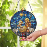 Nativity Stained Glass Suncatcher, Round Holy Family with Baby Jesus and Starry Night Window Panel, Christian Christmas Home Decor Gift