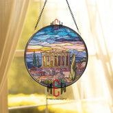 Parthenon Stained Glass Suncatcher, Round Ancient Greek Temple Window Panel with Sunset Sky, Classical Travel Home Decor Gift