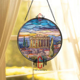 Parthenon Stained Glass Suncatcher, Round Ancient Greek Temple Window Panel with Sunset Sky, Classical Travel Home Decor Gift