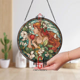 Goddess Stained Glass Suncatcher, Round Woman with Red Apple and Blossoms Window Panel, Fantasy Art Nouveau Floral Home Decor Gift