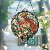 Goddess Stained Glass Suncatcher, Round Woman with Red Apple and Blossoms Window Panel, Fantasy Art Nouveau Floral Home Decor Gift