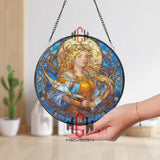 Goddess Stained Glass Suncatcher, Round Mythological Woman with Bow and Arrows Window Panel, Fantasy Art Nouveau Home Decor Gift