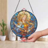Goddess Stained Glass Suncatcher, Round Mythological Woman with Bow and Arrows Window Panel, Fantasy Art Nouveau Home Decor Gift