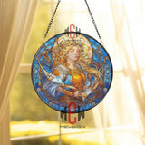 Goddess Stained Glass Suncatcher, Round Mythological Woman with Bow and Arrows Window Panel, Fantasy Art Nouveau Home Decor Gift
