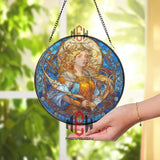 Goddess Stained Glass Suncatcher, Round Mythological Woman with Bow and Arrows Window Panel, Fantasy Art Nouveau Home Decor Gift