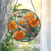 Sparrow Stained Glass Suncatcher, Round Songbird Window Panel with Orange Poppies, Nature Floral Bird Lover Home Decor Gift