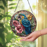 Parrot Stained Glass Suncatcher, Round Tropical Bird Window Panel with Hibiscus Flowers, Exotic Colorful Home Decor Gift