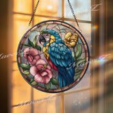 Parrot Stained Glass Suncatcher, Round Tropical Bird Window Panel with Hibiscus Flowers, Exotic Colorful Home Decor Gift