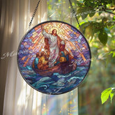 Axolotl Stained Glass Suncatcher, Round Pink Salamander Window Panel with Blue Water Plants, Unique Aquatic Animal Home Decor Gift