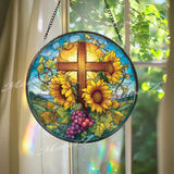Sunflower Cross Stained Glass Suncatcher, Round Christian Window Panel with Grapes, Faith Religious Window Hanging