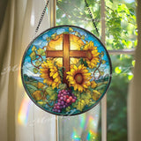 Sunflower Cross Stained Glass Suncatcher, Round Christian Window Panel with Grapes, Faith Religious Window Hanging