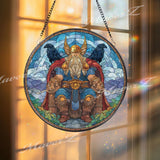 Odin Stained Glass Suncatcher, Round Norse God with Ravens Huginn and Muninn Window Panel, Viking Mythology Home Decor