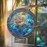 Poseidon Stained Glass Suncatcher, Round Greek God of Sea Window Panel with Trident and Waves, Mythology Ocean Home Decor