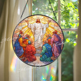 Knight Stained Glass Suncatcher, Round Medieval Warrior with Sword and Shield Window Panel, Gothic Fantasy Home Decor