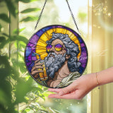 Warrior Acrylic Suncatcher, Round Medieval Knight with Shield and Dog Window Panel, Fantasy Gothic Stained Glass Style Home Decor Gift