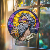 Warrior Acrylic Suncatcher, Round Medieval Knight with Shield and Dog Window Panel, Fantasy Gothic Stained Glass Style Home Decor Gift