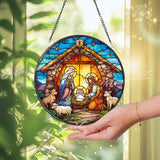 Skeleton Stained Glass Suncatcher, Round Gothic Skeleton with Flowers and Candle Window Hanging, Dark Fantasy Home Decor