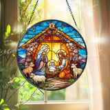 Skeleton Stained Glass Suncatcher, Round Gothic Skeleton with Flowers and Candle Window Hanging, Dark Fantasy Home Decor