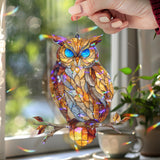 Owl Acrylic Suncatcher, Stained Glass Style Wise Owl with Blue Eyes, Woodland Animal Window Hanging, Nature Home Decor Gift