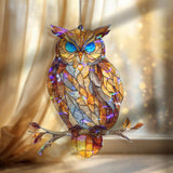Owl Acrylic Suncatcher, Stained Glass Style Wise Owl with Blue Eyes, Woodland Animal Window Hanging, Nature Home Decor Gift