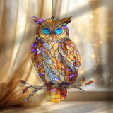 Owl Acrylic Suncatcher, Stained Glass Style Wise Owl with Blue Eyes, Woodland Animal Window Hanging, Nature Home Decor Gift