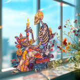 Skeleton Acrylic Suncatcher, Stained Glass Style Reading Skeleton with Candle, Gothic Halloween Window Hanging, Spooky Book Lover Gift