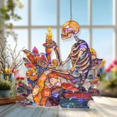 Skeleton Acrylic Suncatcher, Stained Glass Style Reading Skeleton with Candle, Gothic Halloween Window Hanging, Spooky Book Lover Gift