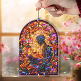 Skeleton Acrylic Suncatcher, Gothic Reading Skeleton with Candles and Flowers, Spooky Window Hanging, Halloween Home Decor