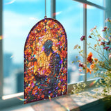 Skeleton Acrylic Suncatcher, Gothic Reading Skeleton with Candles and Flowers, Spooky Window Hanging, Halloween Home Decor