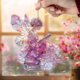 Fairy Acrylic Suncatcher, Stained Glass Style Reading Fairy with Books, Pink Wings Window Hanging, Fantasy Home Decor Gift