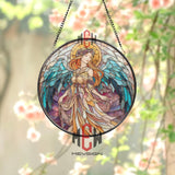 Stained Glass Angel Suncatcher Round Panel, Colorful Guardian Angel Window Hanging, Spiritual Home Decor, Inspirational Gift for Loved Ones