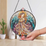 Stained Glass Angel Suncatcher Round Panel, Colorful Guardian Angel Window Hanging, Spiritual Home Decor, Inspirational Gift for Loved Ones
