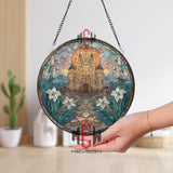 Stained Glass Castle Suncatcher, Round Fantasy Window Panel with Lilies, Medieval Fortress Glass Art Decor for Home and Garden