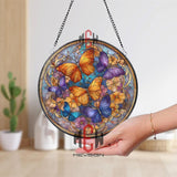 Colorful Butterfly Stained Glass Suncatcher, Round Window Panel with Orange, Blue, and Purple Butterflies, Floral Glass Art Home Decor