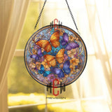 Colorful Butterfly Stained Glass Suncatcher, Round Window Panel with Orange, Blue, and Purple Butterflies, Floral Glass Art Home Decor