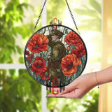 Remembrance Soldier Stained Glass Suncatcher, Round Red Poppy Window Panel, Military Memorial Patriotic Home Decor, Veteran Gift