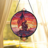 Kneeling Soldier Stained Glass Suncatcher, Round Patriotic Window Panel with American Flag and Sunset, Military Memorial Home Decor