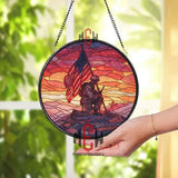 Kneeling Soldier Stained Glass Suncatcher, Round Patriotic Window Panel with American Flag and Sunset, Military Memorial Home Decor