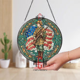 WWI Soldier Stained Glass Suncatcher, Round Patriotic Window Panel with American Flag, Military Memorial Tribute Home Decor Gift