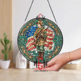 WWI Soldier Stained Glass Suncatcher, Round Patriotic Window Panel with American Flag, Military Memorial Tribute Home Decor Gift