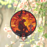 Fallen Soldier Stained Glass Suncatcher, Round Patriotic Window Panel with Cross and American Flag, Military Memorial Home Decor Gift