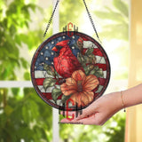 Patriotic Cardinal Stained Glass Suncatcher, Round Window Panel with American Flag and Hibiscus Flower, USA Nature Home Decor Gift