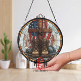 Military Boots Cross Stained Glass Suncatcher, Round Patriotic Window Panel with American Flag, Memorial Tribute Home Decor Gift