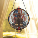 Military Boots Cross Stained Glass Suncatcher, Round Patriotic Window Panel with American Flag, Memorial Tribute Home Decor Gift