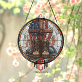 Military Boots Cross Stained Glass Suncatcher, Round Patriotic Window Panel with American Flag, Memorial Tribute Home Decor Gift