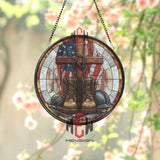 Military Boots Cross Stained Glass Suncatcher, Round Patriotic Window Panel with American Flag, Memorial Tribute Home Decor Gift