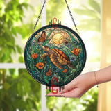 Sea Turtle Stained Glass Suncatcher, Round Ocean Nature Window Panel with Butterflies, Flowers and Sun, Coastal Beach Home Decor Gift