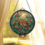 Sea Turtle Stained Glass Suncatcher, Round Ocean Nature Window Panel with Butterflies, Flowers and Sun, Coastal Beach Home Decor Gift