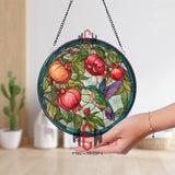 Hummingbird Stained Glass Suncatcher, Round Window Panel with Pomegranates and Leaves, Colorful Nature Inspired Home Decor Gift