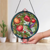 Hummingbird Stained Glass Suncatcher, Round Window Panel with Pomegranates and Leaves, Colorful Nature Inspired Home Decor Gift